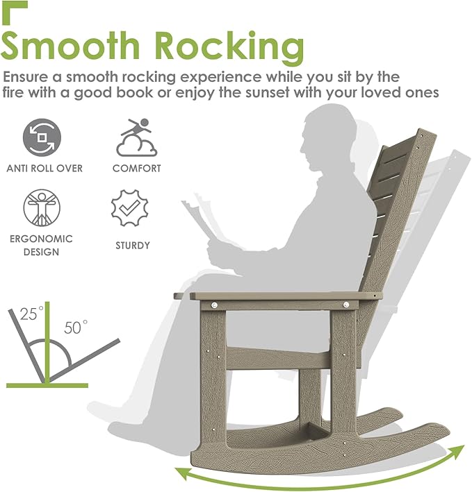 GREENVINES Outdoor Rocking Chairs | Set of 4 | Porch Rocker | HDPE Plastic | Wood Grain | Oversized Rockers | High Back | Big & Tall | Ladder Back | Desert Brown | for Patio Outside - Image 4
