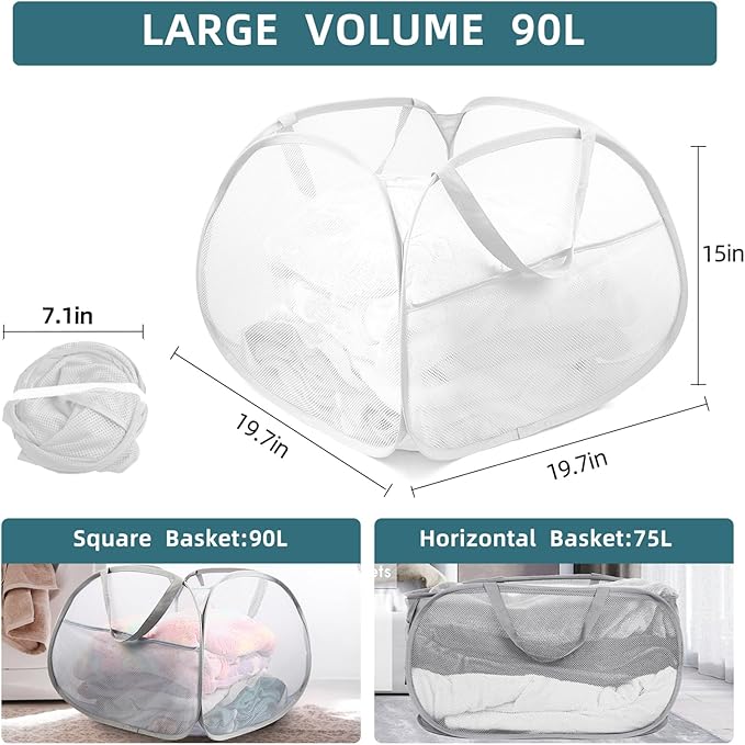 Collapsible Laundry Basket, 90L Large Foldable Mesh Pop Up Hamper - Image 4
