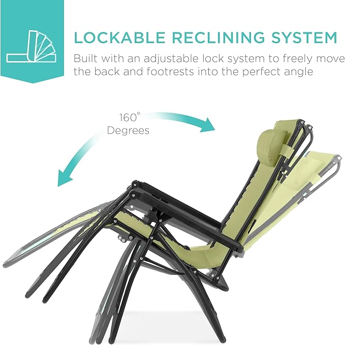 Best Choice Products Folding Zero Gravity Outdoor Recliner Patio Lounge Chair w/Adjustable Canopy Shade, Headrest, Side Accessory Tray, Textilene Mesh - Dusty Green - Image 3