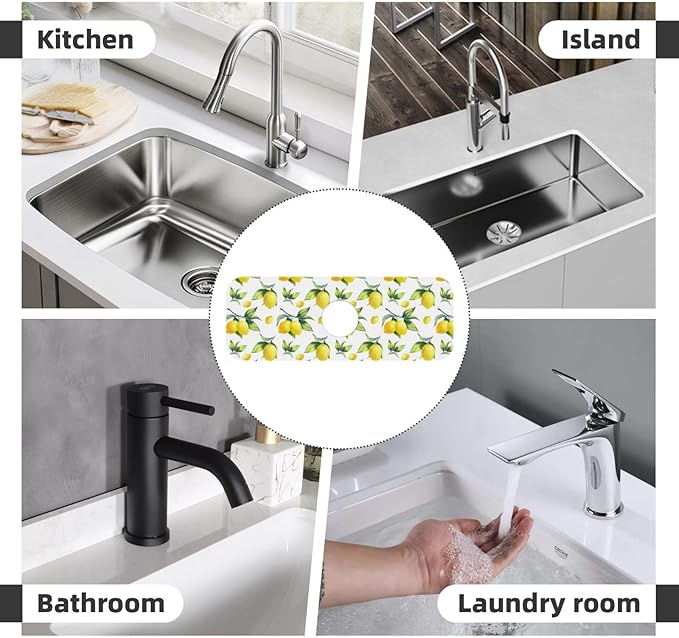 Yellow Lemon Green Leaves Kitchen Sink Splash Guard Faucet Mat Super Absorbent - Image 7