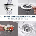 3-in-1 Kitchen Sink Drain Strainer Stopper – 304 Stainless Steel Pop Up Sink - Image 6