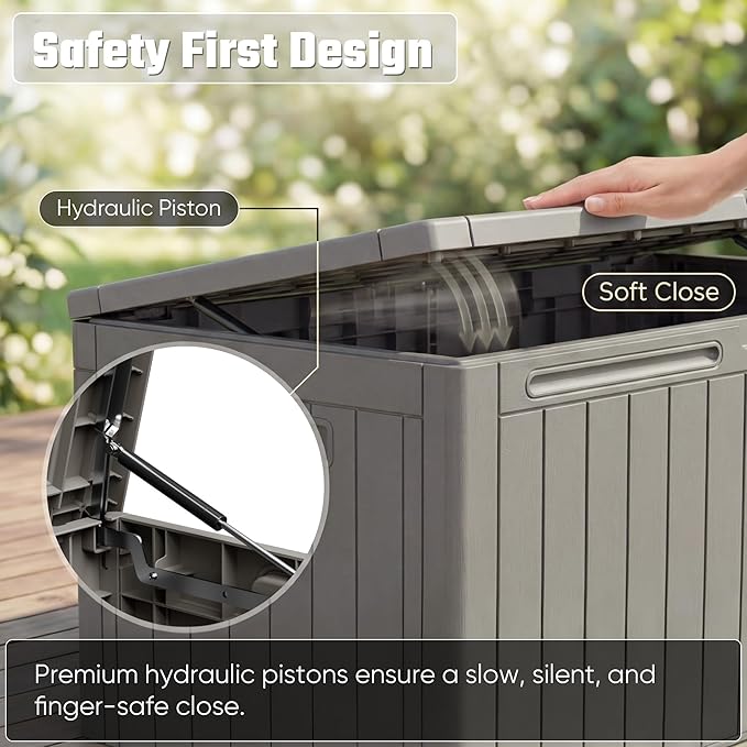 Greesum 110 Gallon Outdoor Storage Box with Lockable Lid, All-Weather Solution for Patio Furniture, Pool Supplies & Garden Tools, Waterproof, UV-Resistant Large Deck Box, Light Coffee - Image 4