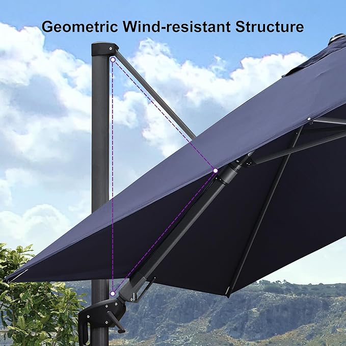PURPLE LEAF 9' X 12' Right-left Tilt Patio Umbrella with Base Outdoor Cantilever Swivel Rectangle Umbrella Aluminum Offset Umbrella with 360-degree Rotation for Garden Deck Pool Patio Navy - Image 9