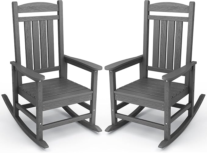 KINGYES HDPE Patio Rocking Chair Set of 2, Outdoor Rocking Chairs Porch Rocker for Adults, Grey by KINGYES