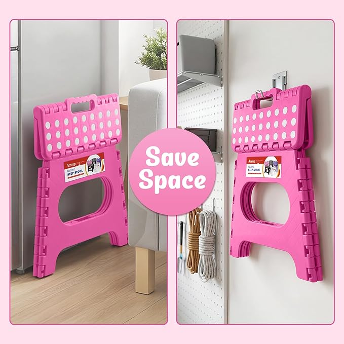 ACSTEP Folding Step Stool 11 Inch, Sturdy Plastic Foldable Step Stool for Kids & Adults, Non Slip Lightweight Collapsible Foot Stools Holds 300 lbs, Ideal for Kitchen, Bathroom, Bedroom, Rose red - Image 4