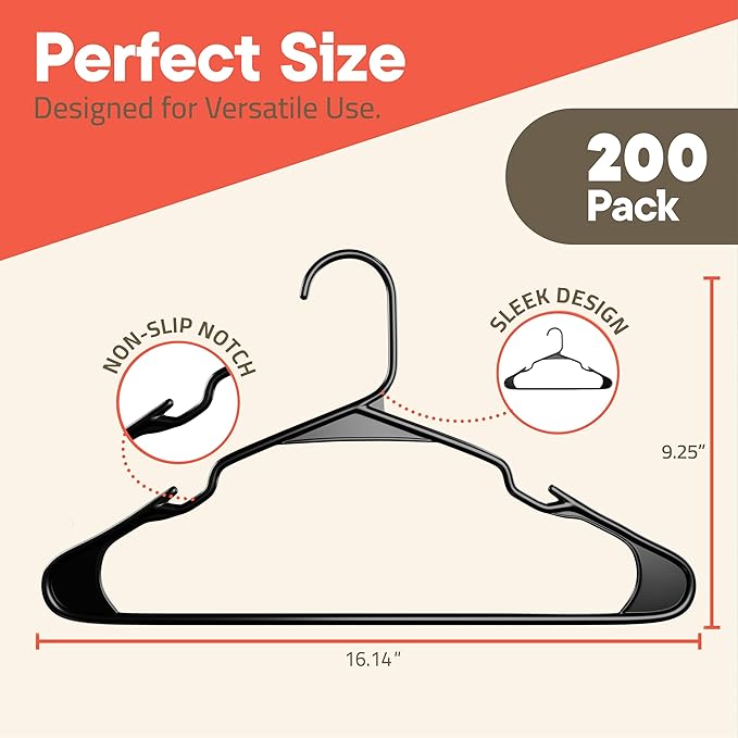 Black Plastic Hangers 200 Pack– Heavy-Duty Plastic Hangers Slim and Space-Saving - Image 2