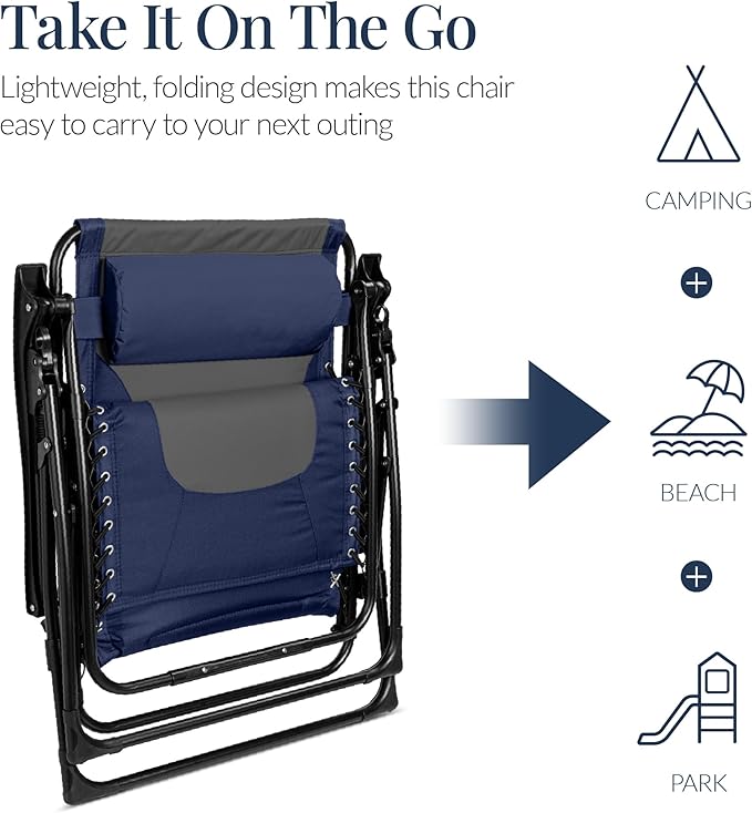 Best Choice Products Oversized Padded Zero Gravity Chair, Folding Outdoor Patio Recliner, XL Anti Gravity Lounger for Backyard w/Headrest, Cup Holder, Side Tray, Polyester Mesh - Navy/Gray - Image 6