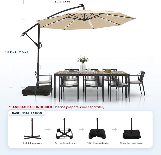 wikiwiki 10ft Solar LED Patio Umbrella with Base Included, Offset Umbrella with Weighted Sandbag Base, Cantilever Patio Umbrellas for Backyard, Garden & Deck, 32 LED Lights & Polyester Shade, Beige - Image 5