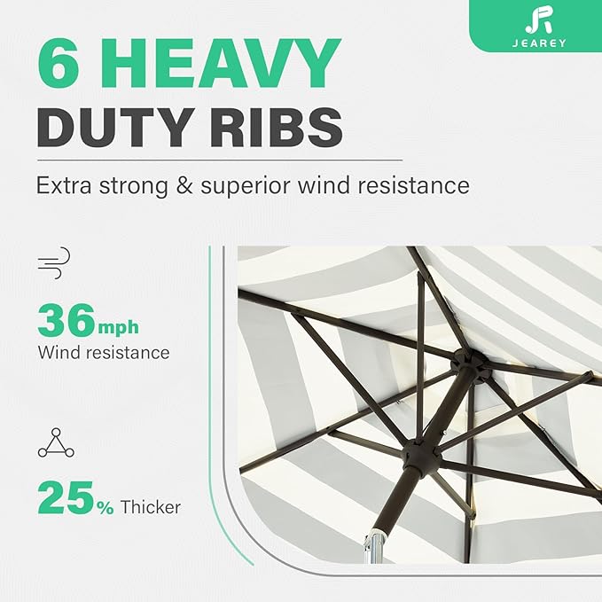 JEAREY 7.5FT Patio Umbrella Outdoor Market Umbrella with 6 Sturdy Ribs, Push Button Tilt/Crank Table Umbrella for Garden, Deck, Backyard and Pool, Beige & Black Stripe - Image 9