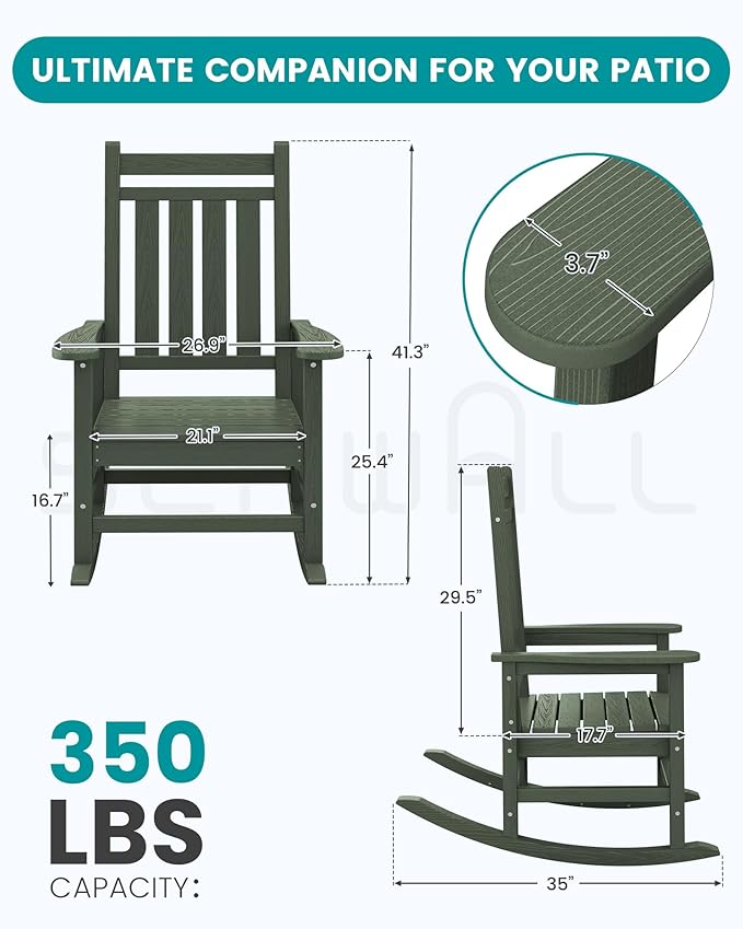 SERWALL Oversized Outdoor Rocking Chair Set of 4, HDPE Rocker for Adults, Patio Rocking Chairs for Porch, Avocado Green - Image 3
