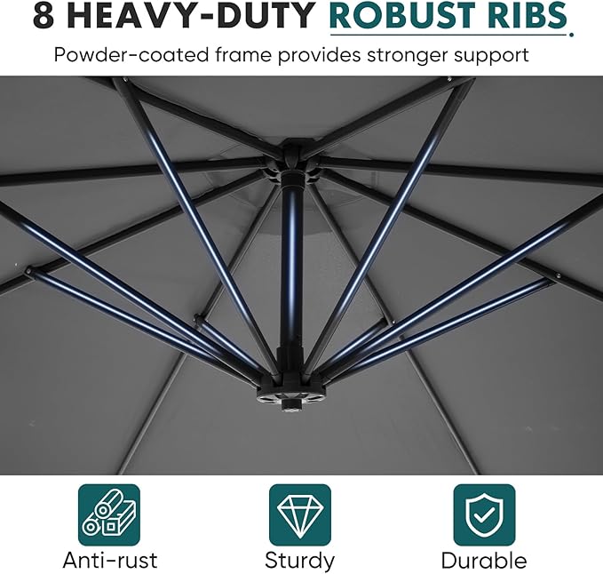 OLIXIS 9.7FT Offset Patio Umbrella with Base, Cantilever Table Umbrellas for Outdoor Sun Shade UV Protection with Easy Tilt Adjustment, 8 Ribs for Backyard, Lawn, Garden, Pool - Grey - Image 4
