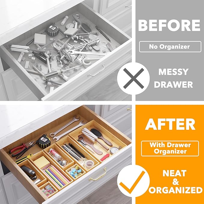 SpaceAid 7-Piece Bamboo Drawer Organizer Storage Boxes Set, Wood Tray Junk - Image 2