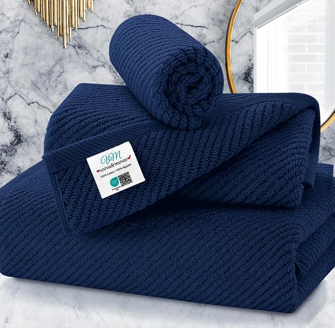 Blue Towels Set for Bathroom, Luxury 3 Piece Gift set, 100% Cotton | Quick Dry by VOOVAMOVAS