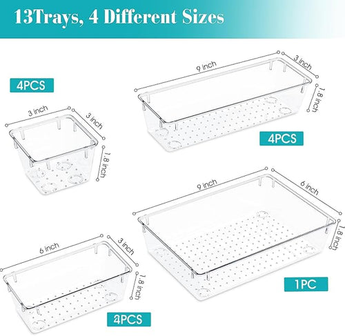 13 PCS Clear Plastic Drawer Organizers Set, 4 Size Desk Drawer Organizer Trays - Image 2