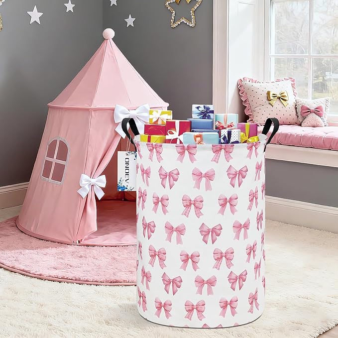 Round Foldable Girls' Storage Basket Kids Laundry Hamper Pink Gift Basket - Image 6