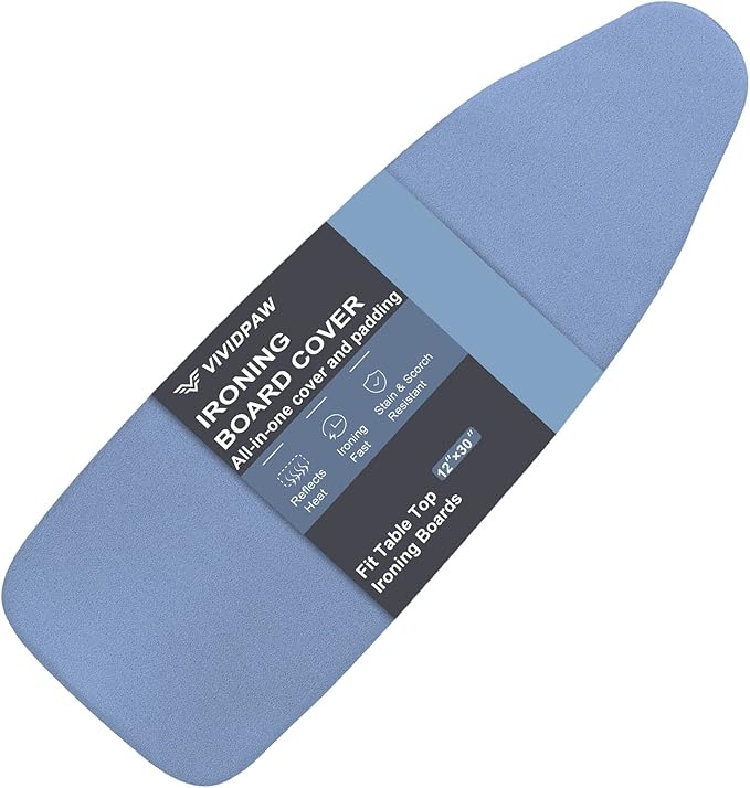 Small Ironing Board Cover and Pad 12.5 x 30, Elastic Edge, Silicone Coated by VividPaw