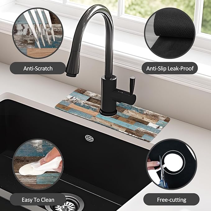 15" X 5.5" Kitchen Sink Splash Guard Faucet Mat Wood Grain Super Absorbent Fast - Image 4