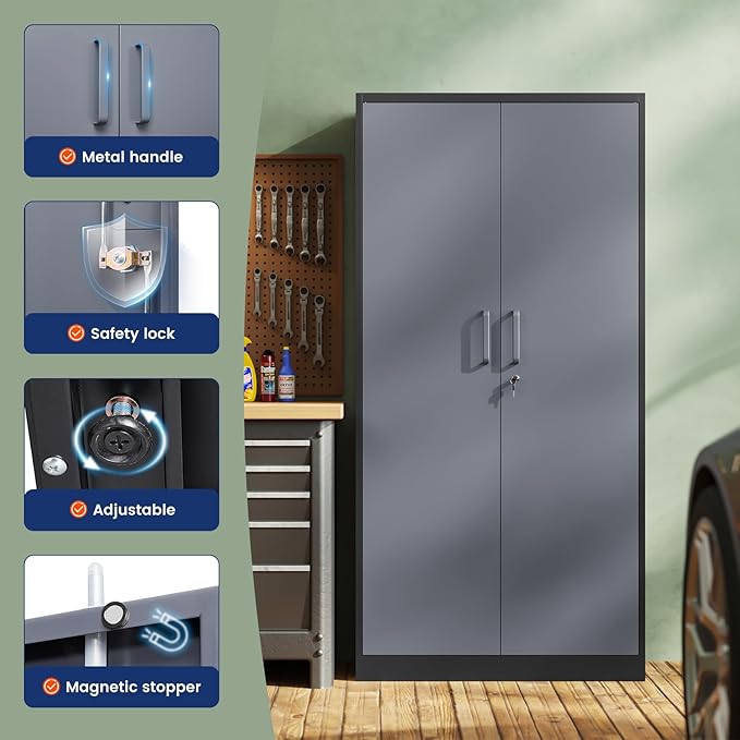Yizosh Metal Storage Cabinet with Locking Doors and 5 Adjustable Shelves, 72" Garage Storage Cabinet Steel Lockable for Office,Home,Garage - Image 4