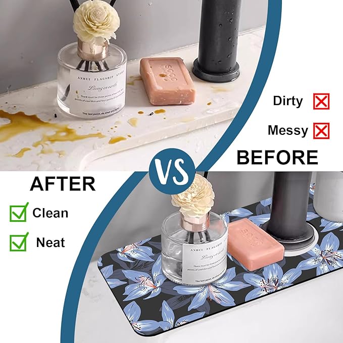 Blooming Lily Sink Faucet Absorbing Mat Blue Lily Flowers Super Absorbent Fast - Image 6