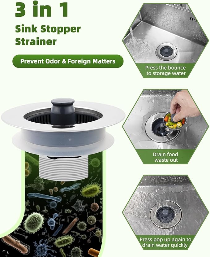 Universal 2PCS Kitchen Sink Strainer Stopper Combo, 3 in 1 Pop Up Kitchen Sink - Image 2