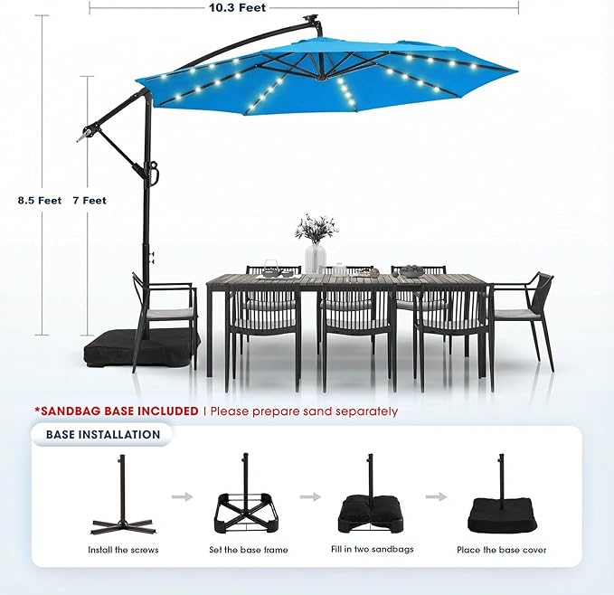 wikiwiki 10ft Solar LED Patio Umbrella with Base Included, Offset Umbrella with Sandbag Base, Cantilever Patio Umbrellas for Backyard, Garden & Deck, 32 LED Lights & Polyester Shade, Royal Blue - Image 5