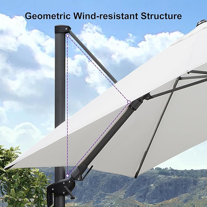PURPLE LEAF 9.8' X 9.8' Patio Umbrella with Base Outdoor Cantilever Swivel Square Umbrella with Tilt Aluminum Offset Umbrella with 360-degree Rotation for Garden Deck Pool Patio White - Image 9