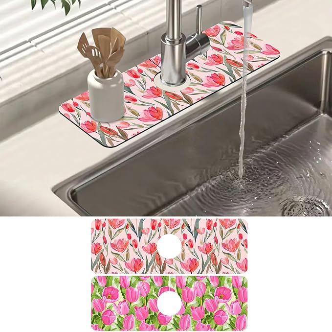2 Pack Watercolor Tulips Sink Faucet Absorbing Mat Pink Tulips Super Absorbent by Unknown