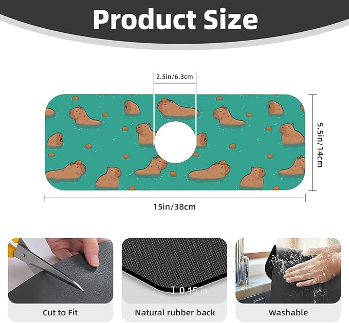 Cute Capybara Play Eat Food Kitchen Sink Splash Guard Faucet Mat Super - Image 2
