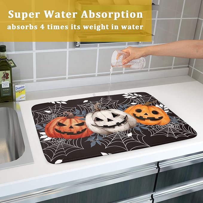 Halloween Dish Drying Mat for Kitchen Counter Spooky Pumpkins Spiderweb Super - Image 7