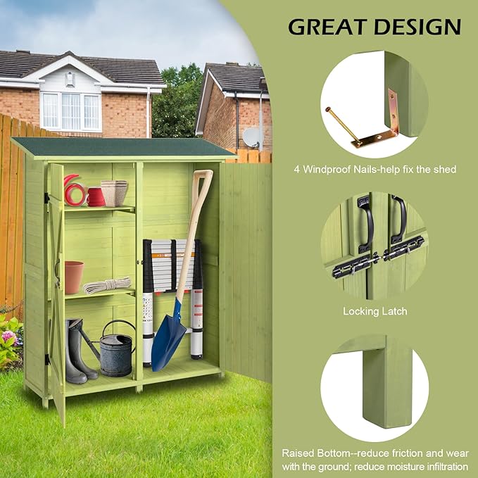 Outvita Outdoor Storage Cabinet with Waterproof Roof, Double Lockable Doors Garden Shed with 2 Removable Shelves, Wooden Storage Shed with Large Storage Space for Yard Garge Patio Deck Porch（Green） - Image 3