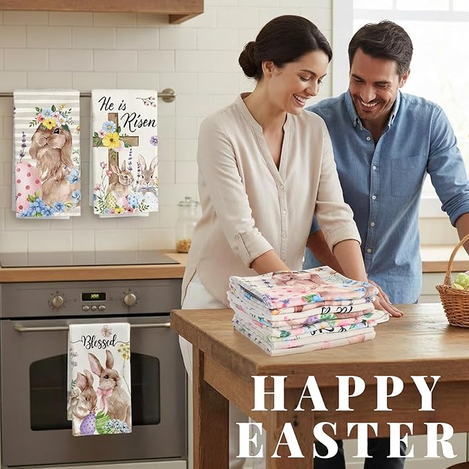 Breling Set of 6 Easter Decorations Happy Easter Kitchen Towels Rabbit Dish - Image 6