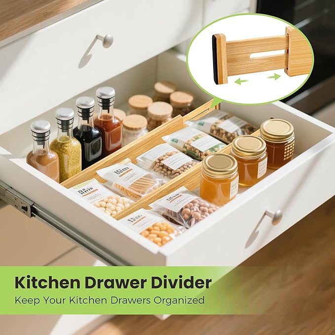 Drawer Divider, Adjustable Bamboo Kitchen Drawer Organizer, Spring Loaded - Image 4