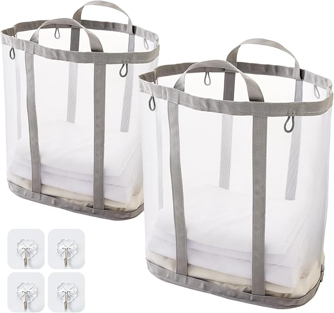 Mesh Laundry bag with Handles, 42L Collapsible Laundry Basket with 2 Hooks by TECHMILLY
