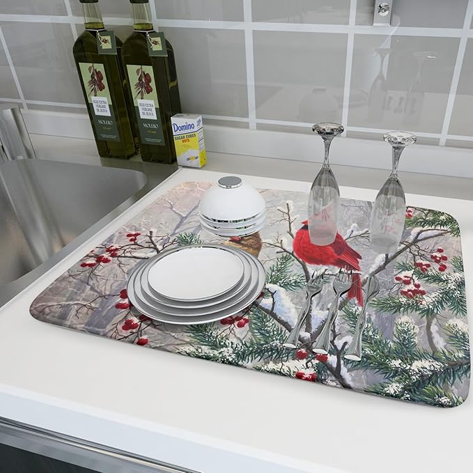 Red Bird Dish Drying Mat Merry Christmas Dishes Pad Absorbent Fast Dry Dish - Image 6