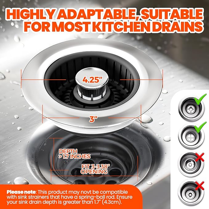 Kitchen Sink Drain Strainer & Sink Stopper, Upgraded Stainless Steel Drain Plug - Image 6