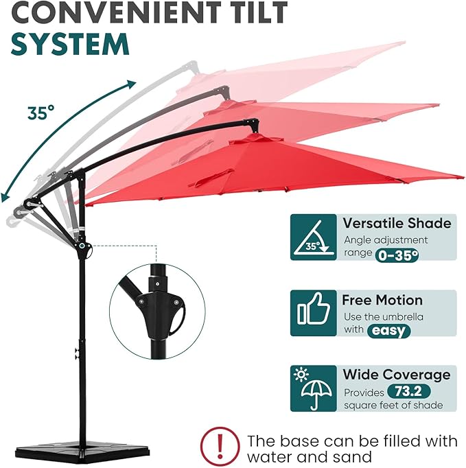 OLIXIS Offset Patio Umbrella, 9.7FT Cantilever Table Umbrellas for Outdoor Sun Shade UV Protection with Easy Tilt Adjustment, 8 Ribs for Backyard, Lawn, Garden, Pool - Red - Image 3