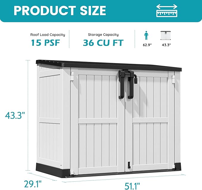 LHBcraft Outdoor Storage Cabinet 36 Cu Ft with Lockable Doors, Portable Horizontal Storage Shed, Resin Outdoor Storage Box Waterproof for Patio-Easy to Assemble - Image 6