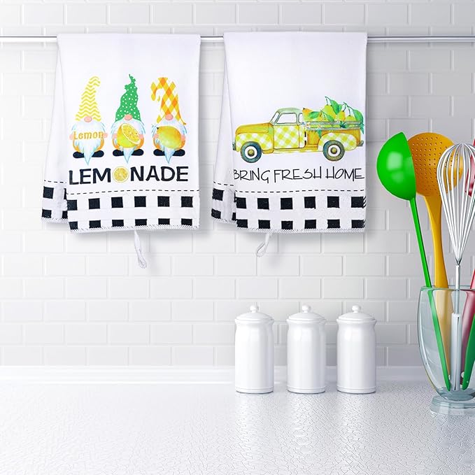 Bencailor 4 Pcs Lemon Kitchen Towels Lemonade Dish Towels Gnome Black and White - Image 7