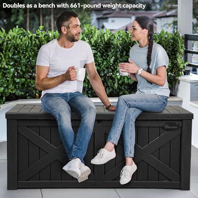 YITAHOME 150 Gallon Large Deck Box with X-Shaped Front, Resin Outdoor Storage Boxes, Waterproof Cushion Storage Bench for Patio, Pool Supplies, Garden Tools - Lockable, Black - Image 2