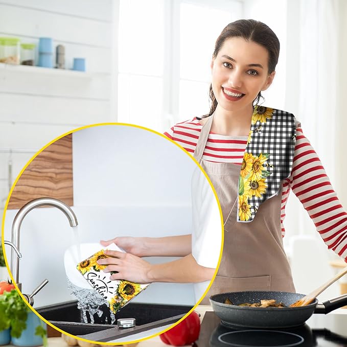 Geyoga 6 Pcs Spring Floral Kitchen Towels Flamingo Dish Hand Towels Sunflower - Image 2