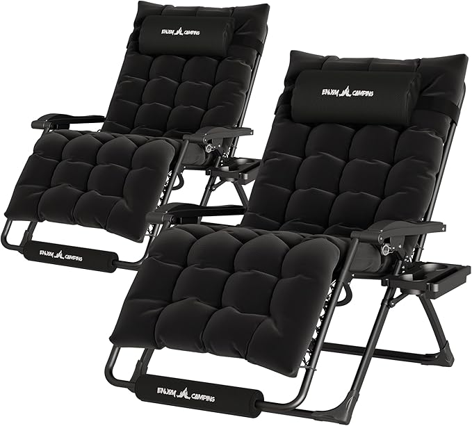 UDPATIO Oversized Zero Gravity Chair Set of 2, 29In XL Patio Reclining Chair with Cushion, Outdoor Folding Recliner with Pillows|Cup Holder|Foot Rest|Padded Headrest, Black, Support 500LB by UDPATIO