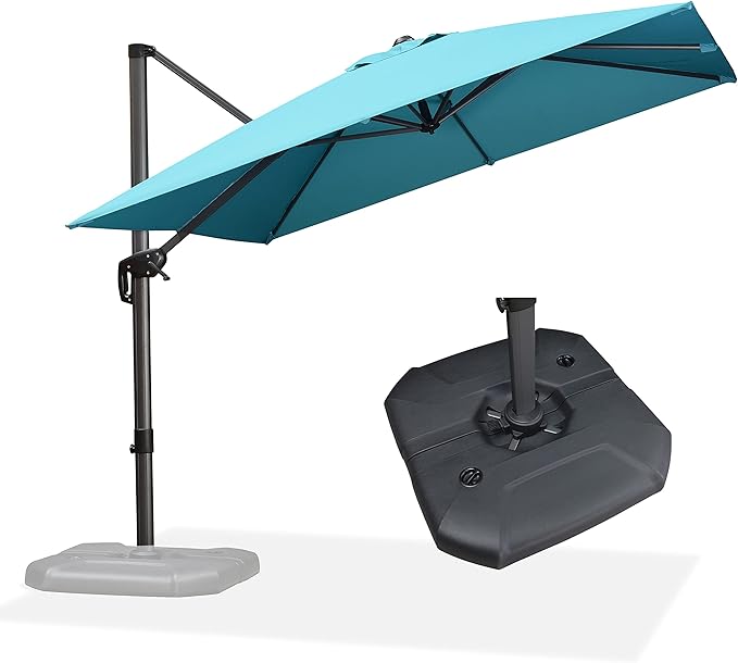 PURPLE LEAF Cantilever Umbrella with Base 9 Feet Patio Outdoor Aluminum Offset Umbrella with 360-degree Rotation for Garden Deck Pool Patio Turquoise Blue by PURPLELEAF