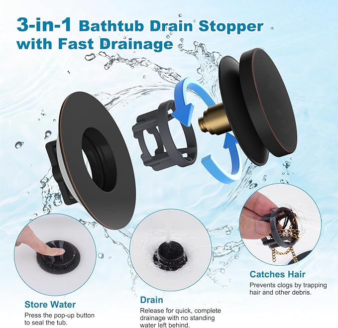 Hibbent 3 in 1 Metal Bathtub Drain Stopper, Universal Pop Up Tub Stopper - Image 2