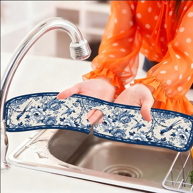 2 Pcs Kitchen Sink Splash Guard Faucet Mats Vintage Porcelain Flowers and Birds - Image 6