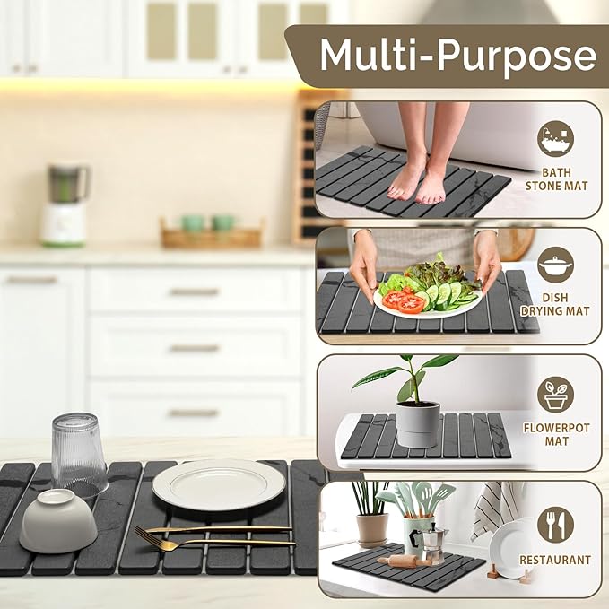 Large Stone Dish Drying Mat for Kitchen Counter, Water Absorbing Diatomaceous - Image 6