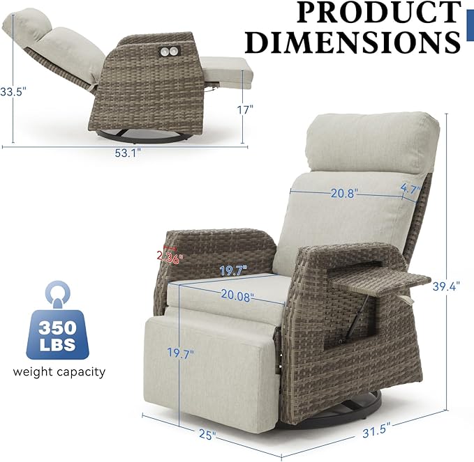 Adjustable Outdoor Recliner Chair with Independent Backrest & Footrest, Patio Swivel Recliner Chair, Wicker Reclining Patio Chair w/Flip-Up Table, Air Pump 155° Lay Flat Chaise Lounge, Gray - Image 2