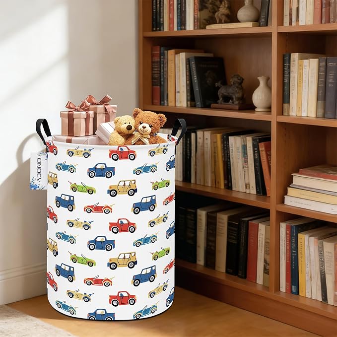 Round Foldable Kids' Racing Cars Laundry Hamper Boys Gift Basket Vehicles - Image 8