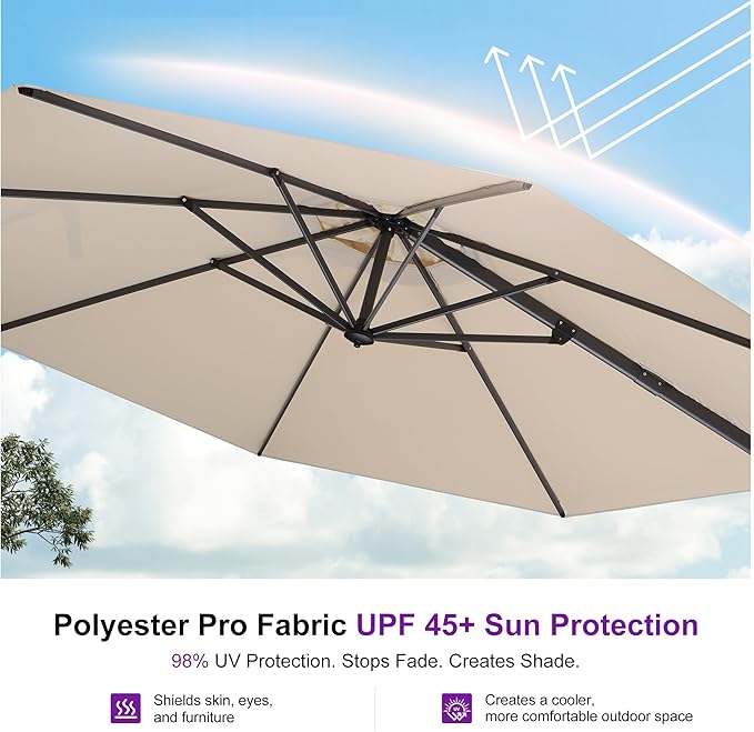 PURPLE LEAF 11 Feet Patio Umbrella with Base Outdoor Cantilever Round Umbrella Aluminum Offset Umbrella with 360-degree Rotation for Garden Deck Pool Patio, Beige - Image 5