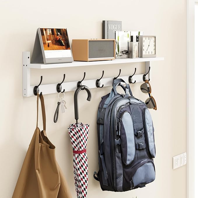 BAMEOS 35" L Wall Hooks with Shelf, Entryway Coat Hooks, Wood Wall Hanging Shelf - Image 6
