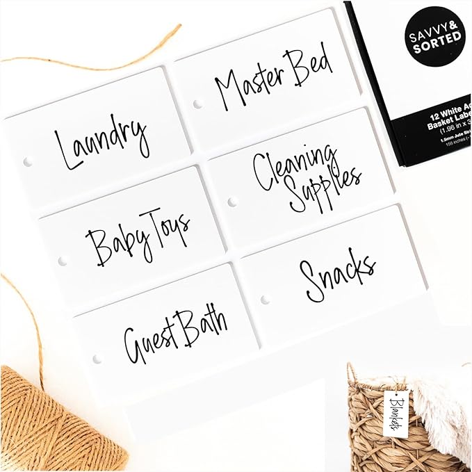 SAVVY & SORTED 12 White Basket Tags 3.5” x 2”, Acrylic Hanging Tags by SAVVYSORTED%C2%AE